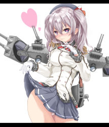 Rule 34 | 10s, 1girl, blue eyes, breasts, clothes lift, epaulettes, female focus, gloves, hat, heart, heart-shaped pupils, highres, kantai collection, kashima (kancolle), large breasts, looking at viewer, maimu (gol-em-1226), military, military uniform, miniskirt, panties, pantyshot, silver hair, skirt, skirt lift, smile, solo, symbol-shaped pupils, twintails, underwear, uniform, wavy hair