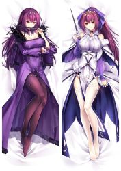 Rule 34 | 2girls, bed sheet, black legwear, bow, breasts, breasts apart, cleavage, dakimakura (medium), detached collar, detached sleeves, diadem, dress, fate/grand order, fate (series), from above, full body, gem, hair bow, holding, holding wand, jewelry, large breasts, long hair, looking at viewer, lying, moeanime, multiple girls, on back, pantyhose, pendant, ponytail, purple bow, purple dress, purple hair, purple sleeves, red gemstone, scathach (fate), scathach skadi (fate), scathach skadi (third ascension) (fate), thighhighs, very long hair, wand, white dress, white legwear