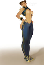 Rule 34 | 1girl, ass, blue pants, blue vest, breasts, brown hair, capcom, chun-li, clip studio paint (medium), clothes pull, commentary, dated, double bun, earrings, full body, hair bun, hair ribbon, highleg, highleg panties, highres, jewelry, large breasts, looking down, navel, open clothes, open vest, panties, pants, pants pull, parted lips, pearl earrings, procreate (medium), ribbon, ribs, shoes, sneakers, solo, standing, street fighter, street fighter 6, tan, tanline, underwear, vest, zregnam art