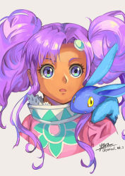 Rule 34 | 1girl, blouse, blue eyes, creature, creature on shoulder, dark skin, forehead jewel, grey background, highres, looking to the side, medium hair, meredy (tales), multicolored eyes, on shoulder, pink shirt, purple eyes, purple hair, quickie (tales), shirt, signature, simple background, tales of (series), tales of eternia, twintails, twitter username, upper body, yellow eyes, yora