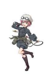 Rule 34 | 1girl, aqua eyes, belt, brown gloves, brown hat, finger to own nose, fingerless gloves, full body, gloves, goggles, goggles on headwear, hat, highres, jacket, looking at viewer, official art, pocket, princess principal, princess principal game of mission, red hair, screwdriver, short hair, solo, standing, standing on one leg, tina flywheel, transparent background, unworn gloves, utility belt, whistle, white gloves, wrench