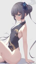 Rule 34 | 1girl, black dress, black hair, blue archive, blush, braid, braided bun, breasts, butterfly hair ornament, china dress, chinese clothes, commentary, dragon print, dress, haine (artist), hair bun, hair ornament, halo, highres, kisaki (blue archive), knee up, long hair, looking at viewer, petite, revision, sitting, sleeveless, sleeveless dress, small breasts, solo, twintails, very long hair
