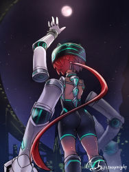 Rule 34 | 1girl, amputee, ass, detached arm, extra arms, female focus, from behind, highres, mitake eil, night, original, prosthesis, rattail, red hair, science fiction, short hair with long locks, solo