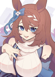 Rule 34 | 1girl, bare shoulders, between breasts, blue dress, blue eyes, bow, braid, breasts, brown hair, dress, ear bow, hair between eyes, hand on own chest, highres, jl seiko, large breasts, long hair, looking at viewer, open mouth, sleeveless, sleeveless dress, smile, solo, strap between breasts, super creek (umamusume), sweater, teeth, turtleneck, turtleneck sweater, umamusume, upper body, upper teeth only, white sweater