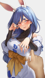Rule 34 | 1boy, 1girl, absurdres, animal ear fluff, animal ears, birkai, black bodysuit, blue hair, blush, bodysuit, bow, braid, braided ponytail, breasts, cleavage, dress, hair bow, highres, holding, holding jewelry, holding ring, hololive, jewelry, large breasts, long hair, looking at viewer, mature female, multicolored hair, open mouth, pekomama, pov, rabbit ears, rabbit girl, red eyes, ring, short eyebrows, smile, streaked hair, virtual youtuber, white background, white bow, white dress, white hair
