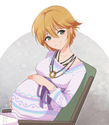 Rule 34 | blonde hair, chair, dress, fiora (xenoblade), green eyes, maternity dress, necklaces, patterned clothing, pink dress, pregnant, short hair, sidelocks, sitting, smile, xenoblade chronicles (series), xenoblade chronicles 1, xenoblade chronicles 3
