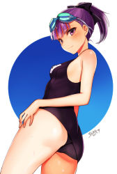 Rule 34 | 1girl, ass, blush, breasts, fate/grand order, fate (series), goggles, goggles on head, helena blavatsky (fate), helena blavatsky (swimsuit archer) (fate), helena blavatsky (swimsuit archer) (first ascension) (fate), looking at viewer, one-piece swimsuit, ponytail, purple eyes, purple hair, seiru (prairie), short hair, small breasts, smile, solo, swimsuit, watermark