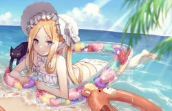 Rule 34 | 1girl, abigail williams (fate), abigail williams (swimsuit foreigner) (fate), abigail williams (swimsuit foreigner) (third ascension) (fate), ass, bare shoulders, beach, bikini, black cat, blonde hair, blue eyes, blue sky, bonnet, bow, braid, braided hair rings, breasts, cat, fate/grand order, fate (series), forehead, hair bow, hair rings, innertube, long hair, lying, miniskirt, on stomach, parted bangs, shore, sidelocks, skirt, sky, small breasts, smile, swim ring, swimsuit, takibixt, twin braids, twintails, very long hair, white bikini, white bow, white headwear