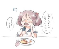 Rule 34 | 10s, 1girl, bad id, bad pixiv id, blush, rabbit, eating, food, fork, hair bobbles, hair ornament, head rest, hina (bird salty), kantai collection, open mouth, pet, pink hair, round teeth, sazanami (kancolle), short hair, short sleeves, simple background, solo, teeth, twintails, white background