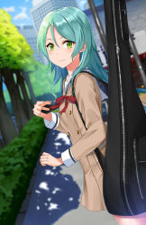 Rule 34 | 1girl, aqua hair, asato (fadeless), bang dream!, blurry, blurry background, blush, brown dress, building, bush, buttons, cellphone, clenched hand, commentary request, day, double-breasted, dress, dutch angle, green eyes, guitar case, hair between eyes, hikawa sayo, holding, holding phone, instrument case, long hair, long sleeves, neck ribbon, outdoors, phone, red ribbon, ribbon, sailor dress, sidewalk, smartphone, smile, solo, tree