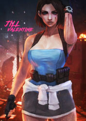 Rule 34 | 1girl, absurdres, backpack, bag, bare shoulders, belt, belt pouch, blood, blood on face, blue eyes, breasts, brown hair, capcom, casual, cleavage, clenched hand, clothes around waist, combat knife, commentary, commission, english commentary, eyeshadow, fingerless gloves, gloves, gun, hand in own hair, handgun, highres, jill valentine, knife, large breasts, lips, makeup, miniskirt, monori rogue, narrow waist, no bra, nose, post-apocalypse, pouch, resident evil, resident evil 3, resident evil 3: nemesis, reverse grip, short hair, skirt, solo, strapless, thick eyebrows, thighs, watch, weapon, wristwatch, zombie