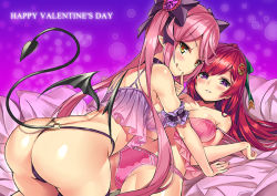 Rule 34 | 2girls, :q, all fours, ass, back, bare shoulders, bed, black panties, blush, breasts, couple, crop top, demon girl, demon tail, demon wings, english text, female focus, girl on top, hair ornament, hair ribbon, halterneck, happy valentine, heart, heart-shaped pupils, highleg, highleg panties, large breasts, licking lips, long hair, looking at viewer, looking back, lying, midriff, multiple girls, off shoulder, on back, original, panties, parted lips, pillow, pink hair, pink panties, pointy ears, purple eyes, red hair, ribbon, shiny skin, shitou (1992116210), smile, strap pull, strap slip, swept bangs, symbol-shaped pupils, tail, thighs, thong, tongue, tongue out, twintails, underwear, underwear only, wings, yuri