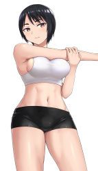Rule 34 | black hair, breasts, hashi, medium breasts, short hair, short shorts, shorts, sideboob, sports bra, thick eyebrows, thighs, tomboy