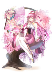 Rule 34 | 1girl, absurdres, anniversary, bow, cherry blossoms, closed mouth, detached sleeves, dogwood (flower), flower, folding fan, hair bow, hair ornament, hairpin, halterneck, hand fan, headset, highres, kobushi kiku, lipstick, long hair, makeup, pink hair, pink lips, pink skirt, seria (se ria), sitting, skirt, smile, solo, thighhighs, tree, very long hair, vocaloid, vy1, white sleeves, white thighhighs, wide sleeves, yellow eyes