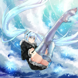 Rule 34 | 1girl, ass, black dress, blue eyes, blue footwear, blue hair, blue sky, blue thighhighs, blush, boots, closed mouth, cloud, cloudy sky, commentary request, day, dress, earmuffs, eiji (eiji), feet, fingernails, foot focus, foreshortening, full body, fur-trimmed sleeves, fur trim, hair between eyes, hatsune miku, high heel boots, high heels, legs up, long hair, long sleeves, looking at viewer, outdoors, see-through, sky, sleeves past wrists, snowflakes, snowing, soles, solo, thigh boots, thighhighs, toes, twintails, very long hair, vocaloid