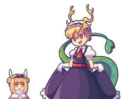 Rule 34 | 2girls, :&gt;, alternate costume, antlers, blonde hair, blue dress, capelet, check commentary, clothes lift, commentary request, cosplay, cowboy hat, daigada, double bun, dragon horns, dragon tail, dress, gloves, hair bun, hair ribbon, hat, head tilt, highres, horns, jitome, joutouguu mayumi, kanna kamui, kanna kamui (cosplay), kicchou yachie, kobayashi-san chi no maidragon, looking at another, looking down, maid headdress, multiple girls, necktie, open mouth, puffy short sleeves, puffy sleeves, red eyes, red neckwear, ribbon, shirt, short sleeves, simple background, skirt, skirt lift, tail, teeth, thick eyebrows, tohru (maidragon), tooru (maidragon) (cosplay), touhou, transparent background, upper teeth only, white background, white gloves, white shirt, yellow eyes