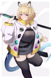 Rule 34 | 1girl, absurdres, animal ear fluff, animal ears, arknights, asumi maboroshi, belt, black belt, black thighhighs, blonde hair, commentary request, dress, foot out of frame, grey background, grey dress, hand up, highres, holding, holding sword, holding weapon, jacket, katana, looking at viewer, open clothes, open jacket, over shoulder, purple eyes, short dress, short hair, smile, solo, standing, standing on one leg, sword, tail, thighhighs, thighs, utage (arknights), weapon, weapon over shoulder, white jacket, zettai ryouiki