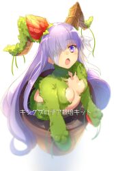 Rule 34 | 1girl, bandage over one eye, bandaged head, bandages, blush, breasts, center opening, echo (circa), fate/extra, fate/extra ccc, fate/extra ccc fox tail, fate/grand order, fate (series), flower, flower pot, giant, giantess, hair flower, hair ornament, horns, kingprotea (fate), kingprotea (second ascension) (fate), long hair, looking at viewer, moss, open mouth, purple eyes, purple hair, small breasts, soil, solo, translation request, very long hair