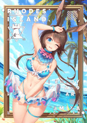 Rule 34 | 1girl, ;p, absurdres, amiya (arknights), animal ear fluff, animal ears, arknights, arm up, bare shoulders, beach, bikini, bikini skirt, blue bikini, blue eyes, blue sky, blush, border, bracelet, breasts, brown hair, catxuan, cleavage, cloud, coconut, coconut tree, commentary request, cowboy shot, day, english text, frilled bikini, frills, gluteal fold, hand on forehead, heart, heart-shaped pupils, highres, horizon, jewelry, large breasts, long hair, looking at viewer, navel, ocean, one eye closed, outdoors, palm tree, parted lips, rabbit girl, skindentation, sky, solo, starfish, stomach, swimsuit, symbol-shaped pupils, tareme, tears, thigh gap, thigh strap, tongue, tongue out, tree, water