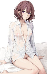 Rule 34 | 1girl, absurdres, arm support, bed sheet, breasts, breasts apart, brown hair, button gap, collarbone, commentary request, commission, female pubic hair, highres, higuchi madoka, idolmaster, idolmaster shiny colors, looking at viewer, medium breasts, naked shirt, no mole, partial commentary, pixiv commission, pubic hair, see-through, see-through shirt, shimerike yakisoba, shirt, sitting, solo, white shirt