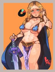 Rule 34 | 1girl, absurdres, armband, armor, bikini, bikini armor, blonde hair, blue bikini, blue cape, blush, breasts, brown choker, cape, choker, cleavage, earrings, feet out of frame, female focus, framed, gold, gold trim, green eyes, hair ornament, hairclip, hand in own hair, highres, holding, holding weapon, jewelry, keziedra, loincloth, long hair, looking at viewer, master sword, medium breasts, navel, nintendo, open mouth, orange background, pelvic curtain, pointy ears, princess zelda, ring, simple background, solo, stamina vessel, standing, sweat, swimsuit, sword, teeth, the legend of zelda, the legend of zelda: breath of the wild, underboob, weapon