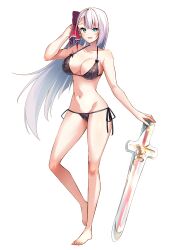 Rule 34 | absurdres, barefoot, blue eyes, bow, breasts, highres, holding, holding sword, holding weapon, keigen hichou, leg up, long hair, medium breasts, navel, red bow, riselia ray crystalia, seiken gakuin no maken tsukai, swimsuit, sword, weapon, white hair