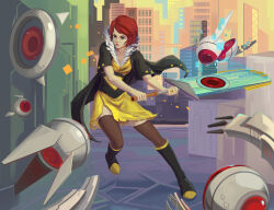 Rule 34 | 1girl, 897284047, black footwear, blue hair, brown thighhighs, building, dress, full body, holding, holding sword, holding weapon, red (transistor), red hair, solo, sword, the transistor, thighhighs, transistor (game), weapon