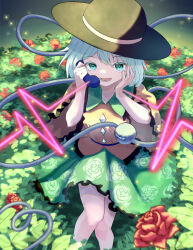 Rule 34 | 1girl, :d, black hat, blurry, buttons, commentary, depth of field, diamond button, feet out of frame, floral print, flower, frilled skirt, frilled sleeves, frills, green eyes, green hair, hair between eyes, hand on own cheek, hand on own face, hands up, happy, hat, heart, heart of string, highres, holding, holding phone, knees together feet apart, koishi day, komeiji koishi, kulukulu3333, leaf, long sleeves, looking at viewer, lower teeth only, nature, open mouth, phone, print skirt, red flower, red rose, rose, rose print, shirt, short hair, sitting, skirt, smile, solo, sparkle, teeth, third eye, touhou, upturned eyes, urban legend in limbo, wide sleeves, yellow shirt