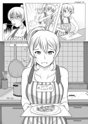 Rule 34 | 10s, 1girl, ?, alternate hairstyle, apron, casual, comic, commentary, cooking, fire, frying pan, greyscale, highres, kantai collection, kashima (kancolle), monochrome, monochrome, ponytail, pot, wangphing