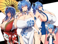 Rule 34 | 2girls, aged down, ahoge, alternate breast size, alternate costume, alternate hairstyle, azur lane, blue hair, blush, breast envy, breasts, bursting breasts, china dress, chinese clothes, cleavage, closed mouth, clothing cutout, commentary request, curvy, dress, gigantic breasts, gloves, hands on own chest, helena (azur lane), japanese clothes, kimono, kloah, lena (azur lane), long hair, looking at viewer, multiple girls, open mouth, ponytail, purple eyes, ribbon, shiny skin, side ponytail, sideboob, skindentation, smile, st. louis (azur lane), st. louis (blue and white pottery) (azur lane), st. louis (spirits in the snow) (azur lane), taut clothes, taut dress, thick thighs, thighs, tight clothes, twintails, umbrella, underboob cutout, white gloves, white ribbon, wide hips