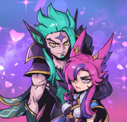 Rule 34 | 1boy, 1girl, animal ears, annoyed, black cape, breasts, cape, closed mouth, fur trim, gem, green hair, hair over one eye, large breasts, league of legends, long hair, multicolored background, petals, phantom ix row, pink eyes, pointy ears, rakan (league of legends), smile, star guardian (league of legends), star guardian rakan, star guardian xayah, star tattoo, tattoo, xayah