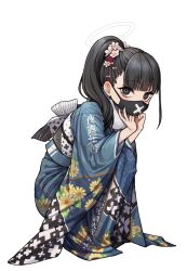 Rule 34 | 1girl, 28 (282teeth), bent over, black hair, blue archive, blue kimono, delinquent, floral print, flower, hair flower, hair ornament, halo, highres, japanese clothes, kimono, looking at viewer, mask, ponytail, sukeban, sukeban (smg) (blue archive)