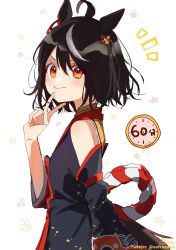 Rule 34 | &gt;:), 1girl, absurdres, ahoge, animal ears, bare shoulders, black hair, black sleeves, closed mouth, commentary request, detached sleeves, floral background, from side, grey hair, hair ornament, hand up, highres, horse ears, horse girl, horse tail, kitasan black (umamusume), long sleeves, looking at viewer, looking to the side, multicolored hair, notice lines, one-hour drawing challenge, red eyes, simple background, smile, sofra, solo, streaked hair, tail, two side up, umamusume, v, v-shaped eyebrows, white background, wide sleeves