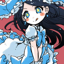 Rule 34 | 1girl, black hair, blue bow, blue dress, blue eyes, blush, bow, dress, earrings, frilled bow, frilled dress, frills, hair bow, highres, jewelry, long hair, pikomarie, pink background, puffy short sleeves, puffy sleeves, puzzle &amp; dragons, short sleeves, smile, snow white (p&amp;d), solo, spot color, star-shaped pupils, star (symbol), symbol-shaped pupils, tongue, tongue out, wrist cuffs