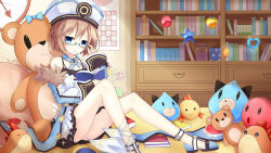 Rule 34 | 1girl, absurdres, ass, bare legs, bare shoulders, blanc (neptunia), blue eyes, book, bookshelf, brown hair, coat, commentary, commentary request, dogoo, dress, fur trim, glasses, hat, highres, holding, holding book, indoors, knees up, leaning back, leaning on object, legs, long sleeves, looking at viewer, neptune (series), open mouth, poinia, short hair, solo, spaghetti strap, stuffed animal, stuffed toy, teddy bear, thighs, white dress, wide sleeves