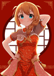 Rule 34 | 1girl, absurdres, akatsuki (artakatuki), aqua eyes, arm behind head, baba konomi, blue eyes, blush, braid, breasts, brown hair, china dress, chinese clothes, closed mouth, corsage, dress, floral print, hair over shoulder, hair ribbon, hand on own hip, highres, idolmaster, idolmaster million live!, idolmaster million live! theater days, long hair, looking at viewer, model pose, red background, red dress, red ribbon, ribbon, round window, short sleeves, single braid, small breasts, smile, solo, v-shaped eyebrows, window