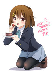 Rule 34 | 1girl, absurdres, black jacket, black pantyhose, blue ribbon, blue skirt, blush, brown footwear, brown hair, cake, character name, collared shirt, commentary, english commentary, english text, food, fruit, hair ornament, hairclip, highres, hirasawa yui, holding, holding plate, ikazu401, jacket, k-on!, kneeling, long sleeves, looking at viewer, neck ribbon, open mouth, pantyhose, plate, pleated skirt, red eyes, ribbon, school uniform, shirt, shoes, short hair, simple background, skirt, solo, strawberry, strawberry shortcake, white background, white shirt, wing collar