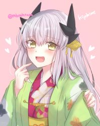 Rule 34 | 1girl, :d, blush, character name, fate/grand order, fate (series), floral background, green jacket, hand up, heart, highres, horns, jacket, japanese clothes, kimono, kiyohime (fate), long hair, long sleeves, looking at viewer, obi, open mouth, pink background, pink kimono, sash, silver hair, simple background, smile, solo, tanaji, twitter username, wide sleeves, yellow eyes