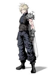 Rule 34 | 1boy, absurdres, anger vein, armor, baggy pants, black footwear, black gloves, blonde hair, blue eyes, boots, buster sword, closed mouth, cloud strife, earrings, final fantasy, final fantasy vii, final fantasy vii rebirth, final fantasy vii remake, full body, gloves, highres, jewelry, lakugali shiki, looking at viewer, pants, ribbed sweater, short hair, shoulder armor, single bare shoulder, single earring, sleeveless, sleeveless turtleneck, solo, spiked hair, standing, suspenders, sweater, sword, turtleneck, turtleneck sweater, weapon, weapon on back, white background