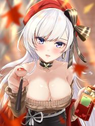 Rule 34 | azur lane, bare shoulders, belfast (azur lane), belfast (shopping with the head maid) (azur lane), beret, black bow, black choker, black skirt, blue eyes, bow, breasts, choker, cleavage, earrings, food, hat, highres, jewelry, large breasts, long hair, looking at viewer, marumai, nail polish, off-shoulder sweater, off shoulder, pocky, red hat, red nails, skirt, solo, sweater, very long hair, white hair