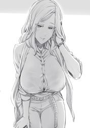 Rule 34 | 1girl, belt, blush, breasts, buttons, cowboy shot, earrings, covered erect nipples, eyes visible through hair, greyscale, hand in own hair, highres, huge breasts, jewelry, large breasts, leaning forward, looking at viewer, monochrome, nakamura regura, necklace, original, pants, parted lips, shirt, short hair, sleeves rolled up, smile, solo, watch, wristwatch