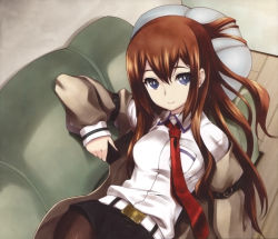 Rule 34 | 1girl, absurdres, bad id, bad yandere id, belt, black pantyhose, blue eyes, brown hair, couch, highres, jacket, pantyhose under shorts, long hair, looking at viewer, lying, makise kurisu, necktie, on back, pantyhose, red necktie, shinozuka atsuto, short shorts, shorts, smile, solo, steins;gate