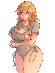 Rule 34 | 1girl, blonde hair, blue bow, blush, bow, braid, breasts, cleavage, cleavage cutout, closed mouth, clothing cutout, commentary request, cookie (touhou), covered navel, cowboy shot, green eyes, grey leotard, hair between eyes, hair bow, highres, kirisame marisa, large breasts, leotard, long bangs, long hair, looking to the side, mars (cookie), plump, revealing clothes, shinanaki, short sleeves, side braid, simple background, single braid, solo, touhou, white background
