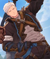 Rule 34 | 1boy, belt, black gloves, black jacket, black pants, brown belt, closed mouth, cloud, day, gloves, granblue fantasy, granblue fantasy: relink, highres, id (granblue fantasy: relink), jacket, kimakkun, looking at viewer, male focus, orange eyes, outdoors, pants, shirt, short hair, sky, solo, sword, weapon, weapon on back, white hair, white shirt