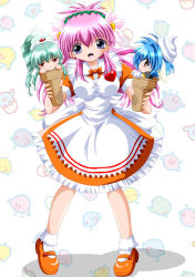 Rule 34 | 00s, 3girls, :d, animal ears, apron, blue eyes, blue hair, blush, bow, bowtie, breasts, brown eyes, chibi, drill hair, flower, food, full body, galaxy angel, green hair, hair flower, hair ornament, hairband, heart, ice cream, ice cream cone, imai kazunari, in container, jitome, long hair, looking at viewer, mary janes, milfeulle sakuraba, mint blancmanche, multiple girls, open mouth, pink hair, red eyes, shoes, short hair, smile, standing, tri tails, vanilla h, waitress