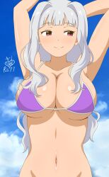 Rule 34 | 1girl, arms up, bare shoulders, bikini, bikini top only, blue sky, blush, breasts, cleavage, closed mouth, cloud, collarbone, dated, dot nose, grey hair, highres, idolmaster, idolmaster (classic), idolmaster million live!, idolmaster million live! theater days, kirie dou, large breasts, long hair, looking at another, navel, no panties, purple bikini, purple eyes, shijou takane, signature, sky, smile, solo, swimsuit, underboob, upper body