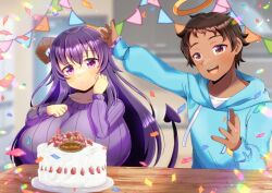 Rule 34 | 1boy, 1girl, :d, birthday cake, blue hoodie, blurry, blurry background, blush, breasts, brown hair, cake, collarbone, commentary request, commission, confetti, dark-skinned male, dark skin, demon girl, demon horns, demon tail, depth of field, drawstring, food, fruit, hair between eyes, halo, happy birthday, hood, hood down, hoodie, horns, huge breasts, kou hiyoyo, long hair, open mouth, original, pennant, purple eyes, purple hair, purple sweater, ribbed sweater, shirt, skeb commission, smile, strawberry, string of flags, sweater, tail, teeth, upper teeth only, very long hair, white shirt