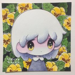 Rule 34 | 1girl, artist name, black eyes, collared dress, dated, dress, expressionless, flower, gradient eyes, highres, leaf, multicolored eyes, no nose, original, pansy, photo (medium), short hair, signature, solo, upper body, white hair, yellow eyes, yellow flower, yellow pansy, zukky000