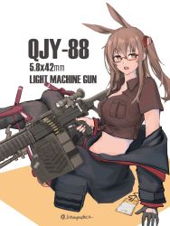 Rule 34 | 1girl, absurdres, animal ears, black gloves, black jacket, breast pocket, breasts, brown shirt, character name, extra ears, girls&#039; frontline, glasses, gloves, gun, highres, holding, holding gun, holding weapon, jacket, lithographica, long hair, long sleeves, off shoulder, one side up, pocket, red-framed eyewear, shirt, simple background, single glove, sitting, solo, tied shirt, twitter username, two-tone background, type 88 (girls&#039; frontline), type 88 lmg, weapon