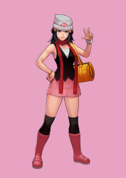 Rule 34 | 1girl, absurdres, arm up, bag, bare shoulders, black hair, black shirt, black thighhighs, blue eyes, boots, bracelet, cirenk, closed mouth, creatures (company), dawn (pokemon), dress, full body, game freak, grey hat, hand on own hip, hand up, hat, highres, jewelry, knee boots, legs apart, long hair, looking at viewer, microskirt, nintendo, pink background, pink dress, pink footwear, pink skirt, pokemon, pokemon dppt, red scarf, scarf, shirt, shoulder bag, simple background, skirt, sleeveless, sleeveless shirt, smile, solo, standing, symbol, thighhighs, yellow bag